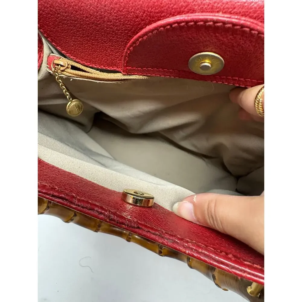Gucci Vintage Diana Red Leather Bamboo Tote Bag